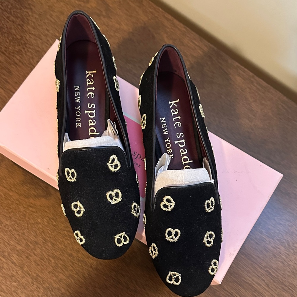 Kate Spade Black Loafers with Gold Embroidery
